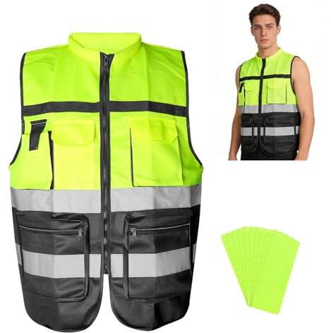 JYYWTSI Chaleco de Seguridad Reflectante Alta Visibilidad para Hombre y Mujer, Chaleco Reflectante para Bicicleta con Cremallera y Bolsillos, Chaleco de Trabajo Amarillo/Verde Neón para Tráfico, Obra