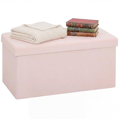 HOMCOM Aufbewahrungspuff, klappbare Aufbewahrungsbank, 84 l, 76 x 38 x 38 cm, Bezug aus Kunstleinen, Aufbewahrungskiste, Belastbarkeit 120 kg, Hocker für Wohnzimmer, Schlafzimmer, Flur, rosa