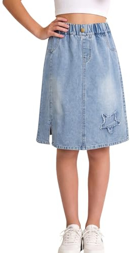 SEAUR Jupe trapèze en jean pour fille - Taille élastique - Longueur genou avec poches - Jupe en jean d'été pour adolescente