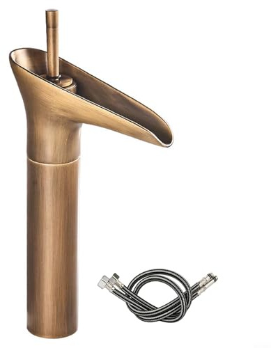 Grifo de cobre sobre el mostrador con estética retro y boquilla de cascada para mezclar agua fría caliente en configuraciones de lavabo (oro total)