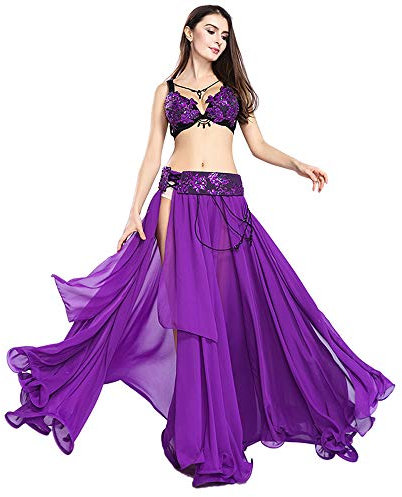 ROYAL SMEELA Bauchtänzerin Kostüme für Frauen Bauchtanz BH und Gürtel Chiffon Bauchtanz Rock Schlitz Tanzen Outfit Karneval - Violett - Groß