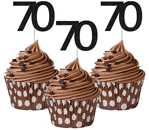 Sumerk 24PCS 70 Cupcake toppers Black Glitter 70th Birthday Cupcake Picks Anniversary Party Decorations