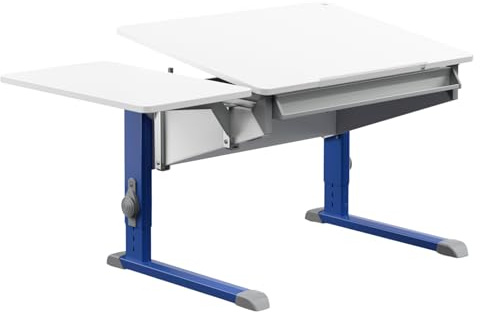Moll Bandit Kinderschreibtisch höhenverstellbar | mitwachsend, ergonomisch & neigbar für aufrechtes Sitzen | ideal für Schulkinder | Schreibtisch weiß (mit Side Top, Blau, 90cm x 70,5cm)