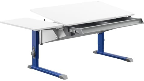 Moll Bandit Kinderschreibtisch höhenverstellbar | mitwachsend, ergonomisch & neigbar für aufrechtes Sitzen | ideal für Schulkinder | Schreibtisch weiß (Side Top & Schublade, Blau, 117,2cm x 70,5cm)