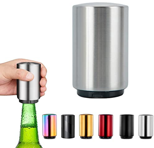Magnetic Beer Bottle Opener,Stainless Steel Push Down Beer Bottle Opener, Beer Bottle Cap Opener with Magnet,Kitchen Gadgets for Men,Beer Gifts for Men Christmas Father's Day (Silver)