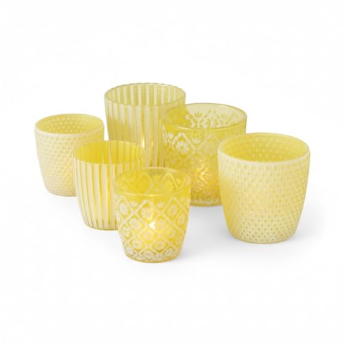 LS-LebenStil 6X Glas Teelichthalter Retro Gelb Weiß 7-9cm Ornament | 6er Set, Kristall Windlichter, Teelichtgläser, Kerzenständer, Kerzenhalter Windlichthalter, Tischdeko, Hochzeit, Geburtstag