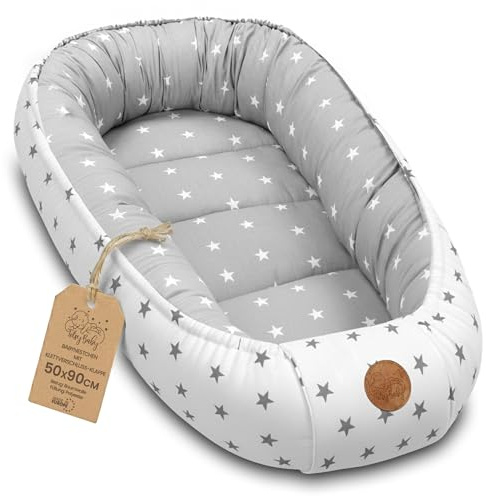 Babynest babynest för nyfödda 90 x 50 cm babynest bärbart bo för säng barn mysnest kokong för pojkar och flickor Igelkott Asterisk gråvit