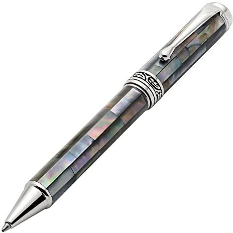 Xezo Maestro stylo à bille à mécanisme tournant, pointe moyenne. Nacre noire avec placage de platine. Fabriqué à la main, édition limitée, numéroté
