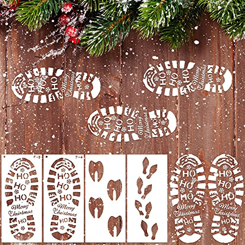 Clabby Weihnachten Weihnachtsmann Fußabdruck 4 Stücke Weihnachtsmann Fußabdrücke Schablone Wiederverwendbare Weihnachtsmann Stiefel Drucke Rentier Elf Fußabdruck Schablone Feiertag Schablonen