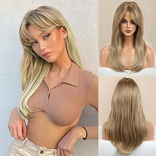 Honygebia Peluca Rubio Oscuro con Flequillo - Rubio Oscuro para Mujer, Largo y Ondulado, pelo Sintético Natural Realista, Resistente al Calor para Carnaval, Disfraces, Fiestas Temáticas