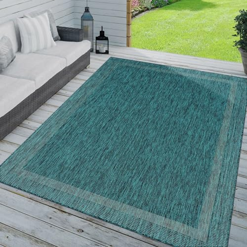 TT Home In-& Outdoorteppich Wetterfest Terrasse Küche Modern Mit Umrandung Unifarben, Farbe: Türkis Blau, Größe:300x400 cm