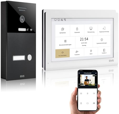 GVS IP Video Türsprechanlage mit Türöffner, 2X 10 Zoll Monitore & App | Smarte Video Türklingel mit Kamera und Monitor & App - Gegensprechanlage für 1 Familienhaus (AVS5402A)