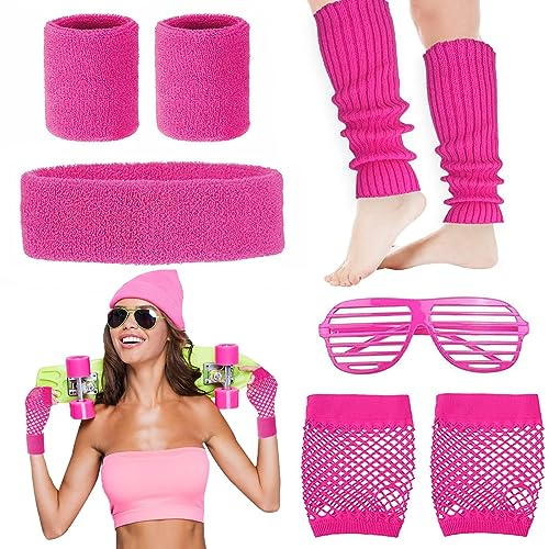 8 Stück Frauen Damen 80er Jahre Zubehör, rosa 80er Jahre Kostüm Zubehör für Frauen mit Armband, Beinstulpen, Fischnetz, Handschuhe, Stirnband, Brille für Retro-Partys, Junggesellinnenabschiede,