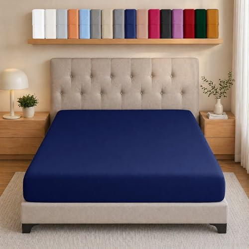 AMEHA Fitted Sheets King Size Deep Pocket Up to 25 cm Navy Fitted Sheet Soft Brushed Microfiber Elasticated Corners Bottom Sheet Easy Care - Anti Wrinkle & Fade Resistant