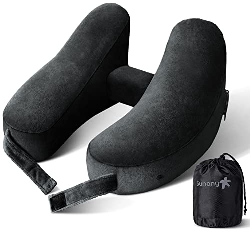 Sunany Oreiller de Cou Gonflable pour Voyage en Avion - Soutien Confortable de la tête, du Cou et du Menton - Oreiller de Voyage Gonflable avec Housse en Velours Doux et Sac à Cordon Portable (Noir)