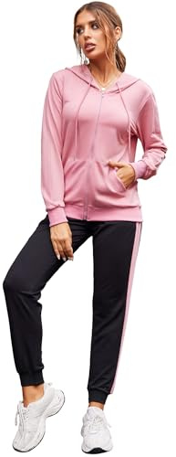 Parabler Conjunto deportivo de 2 piezas para mujer Chaqueta con capucha y cremallera para mujer Pantalones deportivos Conjunto informal rosa Bean Paste S