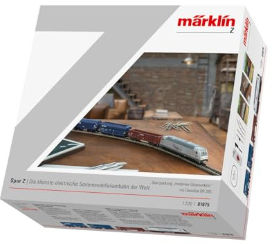 Märklin 81875 Spur Z Startpackung Moderner Güterverkehr – Diesellok BR 285 mit Metallfahrwerk, 3 Güterwagen, Gleisoval & Fahrgerät – Modellbahn Startset 1:220