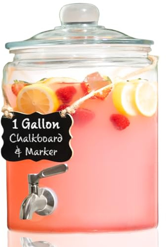 1 Gallon Beverage Dispenser with Stainless Steel Spigot + Marker & Chalkboard 100% Leakproof Glass Drink Dispenser for Parties with Spout, Airtight Beverage Serveware for Water, Juice, Laundry