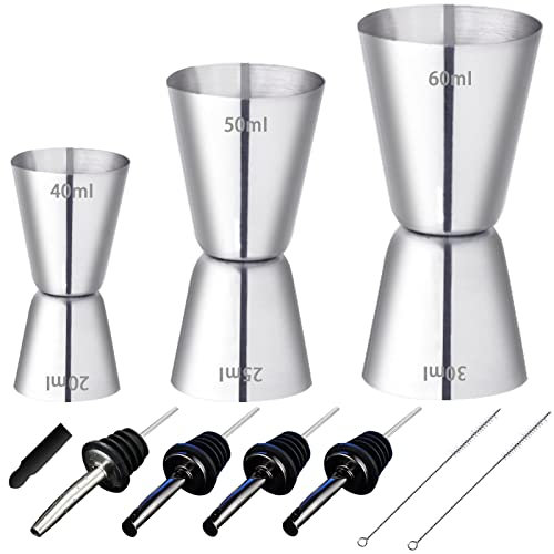 RUIJIE 3 Stück Cocktail Messbecher Edelstahl Barmaß 4cl/5cl/6cl Klein Jigger mit Innenskalierung Dual Gin Measuring Cups mit 4 Flaschenausgießer & 2 Bürste Doppelmaß für Bar Party Wein Drink Shaker