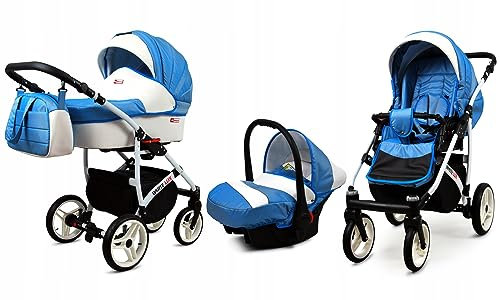 BabyLux® Kinderwagen Set 3 in 1 - White Lux - incl. Babywanne, Buggy Sportsitz, Auto-Babyschale - Autositz - Kinderwagenset - Kombikinderwagen mit Wickeltasche, Regenschutz usw.