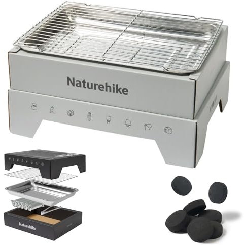 Naturehike Disposable Charcoal Grill, Barbecue Grill Easy Lighting Grill, folding barbecue grill, for Camping, Convenient, Portable, Quick Burning Charcoal and Charcoal Clip Included (small, grey)