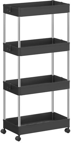 SONGMICS Rollwagen, Küchenwagen mit 4 Ebenen, Küchenregal, Nischenregal, mit 6 Haken, 360° drehbare Räder, Stahlgestell, Bad, Küche, Büro, schwarz KSC010B01