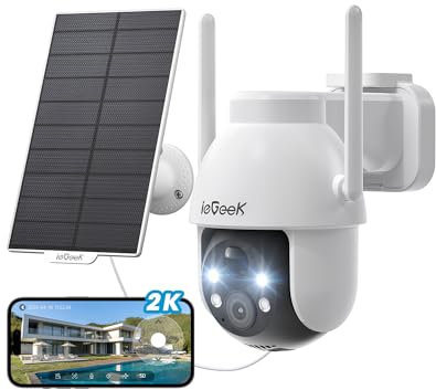 ieGeek 2K Solar Security Camera Outdoor Wireless, 360° Pan Battery Camera with Solar Panel, Wifi CCTV Camera Systems, Color Night Vision, PIR Motion Detection, 2-Way Audio, Works with Alexa