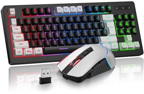 BlueFinger Tastiera e mouse wireless combinati, batteria ricaricabile RGB arcobaleno retroilluminata, 87 tasti TKL Light Up Keyboard con mouse ergonomico da gioco per Mac, laptop, PC, gamer (bianco e