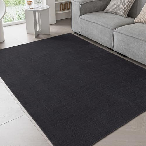 Ceneco Teppich Schwarz, Kurzflor Teppich Wohnzimmer, rutschfeste Waschbare Teppiche Schlafzimmer, Weicher Teppiche, Chenille Tepich Kinderzimmer, Dünner Teppisch Lounge (Schwarz, 120×160cm)