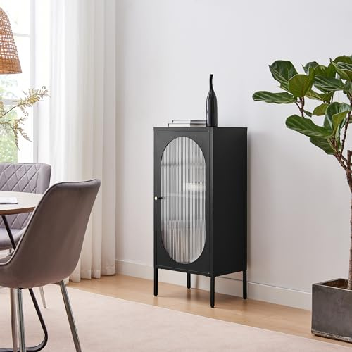 Furniturebox UK Black Metal Storage Cabinet - Urbi - Sideboard Cupboard With Door For Bedroom, Bathroom Living Room Office - Glass Panel - Internal Shelf for 2 Tiers Of Storage - Industrial Design