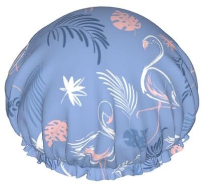 Wiederverwendbare Duschhaube für Damen, Cartoon-Tropen-Flamingo-Badehaube, doppellagig, wasserdicht, Dusch-Haarschutz, verstellbares Gummiband, Duschhut für Home-Spa-Salon, Badehauben