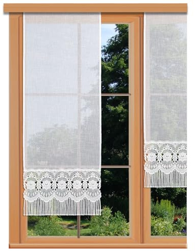 kollektion MT Schiebepaneele Amalia mit Echter Vogtländischer Spitze in weiß Landhaus-Flächengardine in Käseleinenoptik Schiebevorhang mit Perlenschnurfransen 95 x 40 cm
