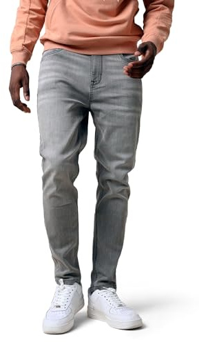 Enorsia Jeans med avsmalnande smal passform för män med fem fickor, dragkedja, märkesgylf, grå tvätt med ett rikt utseende och komfort stretch bomullsrikt tyg, Grå, 48 Smal