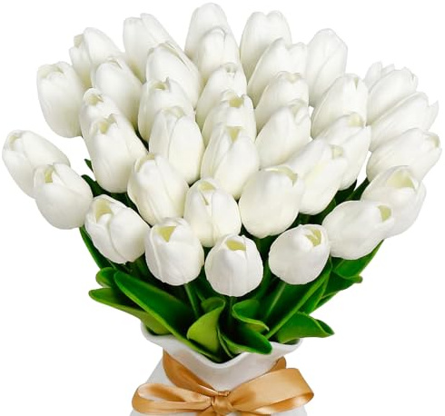 VIKINGS PANDA Tulpen Künstlich wie Echt 36 Stück 33 cm PU Real Touch Kunstblumen Weiß für Room Decor Tisch Deko (Weiß)