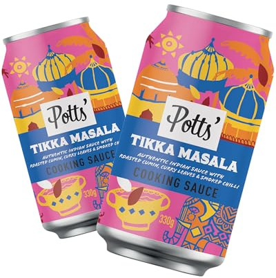 Potts’ Tikka Masala Sauce in Can, 330g, Pack of 2 - Curry Sauce Cans for Vegan & Traditional Meals Made with Roasted Cumin, Curry Leaves, & Smoked Chilli - Easy Open Can, Ready to Use Stock
