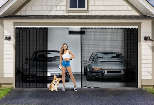 Sliding Garage Door Screen 2 Car with Track Closure, 16x7Ft Garage Net Screen Retractable Privacy Garage Door Curtain Keep Annoying Animals Out Easy Assembly Fiberglass Mesh Screen Door