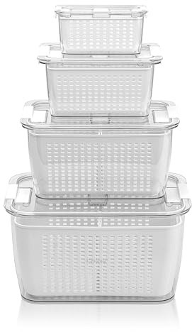 Crystals Fridge Organiser Storage Box Set of 4 – Stackable, BPA-Free Transparent Containers with Drain Tray & Air Vents for Kitchen, Pantry & Refrigerator (White)