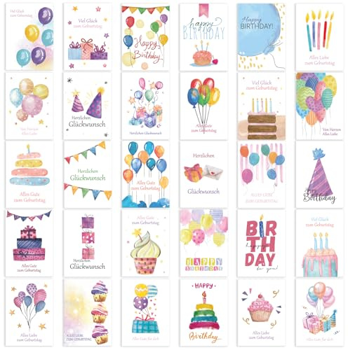 30 Geburtstagskarten | Glückwunschkarten zum Geburtstag mit Kraft Umschlägen | Set Glückwunsch Karten Happy Birthday mit 30 verschiedenen Designs | Aquarell Klappkarten Geburtstag für Familie Freunde