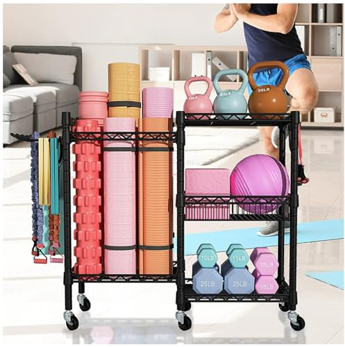DVTFRUI Home Gym Storage Holder, Verstellbarer Hantelständer, Zuhause Fitnessgeräte Organizer Für Yogamatten,Hanteln, Kettlebell,Yoga Block, Schaumstoffrolle,Hantelablage Mit Haken,91.5 * 82.5cm