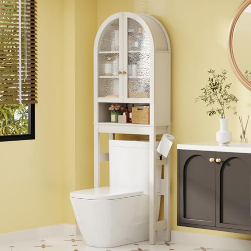 BONITURE Over The Toilet Storage Cabinet, 23.7”W Modern Storage Cabinet Over Toilet with Acrylic Doors, Arched Freestanding Over Toilet Rack with Adjustable Shelf for Bathroom, White