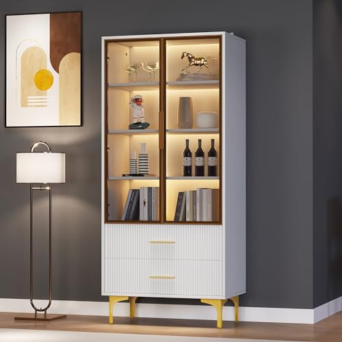 Elegante Glasvitrine mit Zwei Türen,Glastüren, goldene Beine, bewegliche Einlegeböden, Vitrine mit LED-Licht, Glasvitrine, Hochschrank, Standvitrine,70X35X150cm