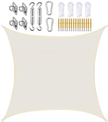 SLDAGe Vela Ombreggiante Rettangolare con Kit Fissaggio Tenda a Vela Impermeabile Ombreggiante a Vela Parasole Beige per Giardino Balcone Piscina,95% Protezione UV Vela da Sole per Esterno,5x5 m