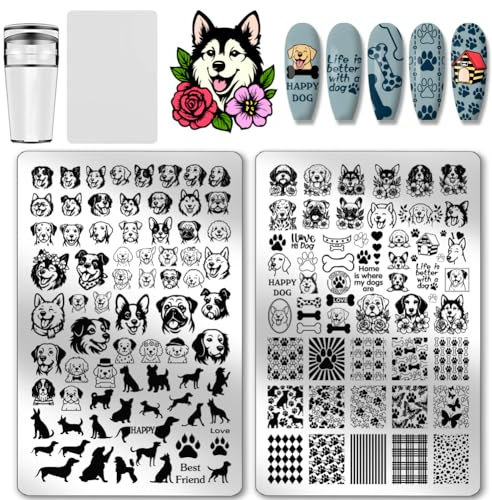 PH PandaHall 2 Stück Hunde Thema Druck Kunst Vorlage Niedliche Hunde Muster Nagelstempelplatten Nagelbildplatte aus Edelstahl Hund Pfote Nägel Schablone Set für Hundeliebhaber Maniküre 14,5x9,5 cm