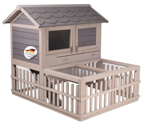 SUNNYDEALS Kaninchenstall für draußen, grau/braun | Robuster Kaninchenstall für draußen mit wetterfester Lasur und sicherem Rückzugsort für eine artgerechte Tierhaltung.
