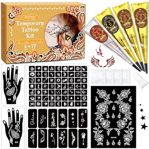 Temporary Stencils Tattoos Kit, 4 Pcs Tattoo Cones 3 Color (1 Black 2 Maroon 1 Cherry Red) with Gloves Brush Tool,DIY Body Art Skin Painting Designs Fun for Family Friends Party Gifts
