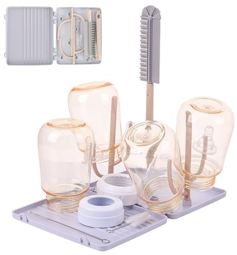 Ensemble Goupillon Biberon, Kit Nettoyage avec Goupillon Biberon, Brosse à Tétine, Brosse à Paille, Égouttoir Biberons, Boîte de Rangement, Idéal pour la Maison et Les Voyages, Gris