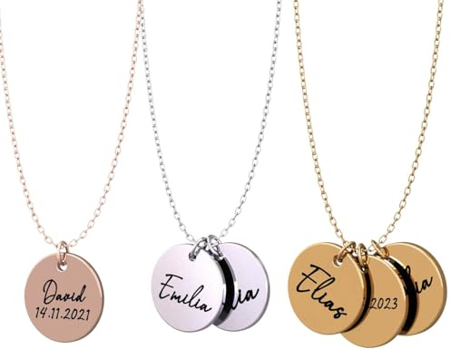 Generisch Personalisierte Halskette mit Wunschgravur | Plättchen mit Gravuren der Kinder | Freitext | Geschenk Mama | Gold, Silber, Roségold | Edelstahl Wasserfest | Made in Germany