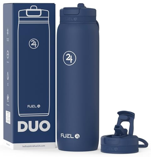 Fuel24 Duo - Stainless Steel Water Bottle 700ml or 1L - Vacuum Insulated Metal Flask with Straw (Dual use Lid) 1 Litre - for Sports, Gym, Work – Slim Design (Midnight, 1000 ml)