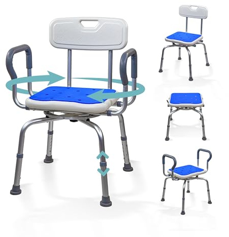 Mobiclinic®, Silla de Baño Giratoria 360°, Apoyabrazos y Respaldo, Altura Regulable, Asiento con Almohadilla EVA, Conteras Antideslizantes, Aluminio, para Mayores, Movilidad Reducida, Akila