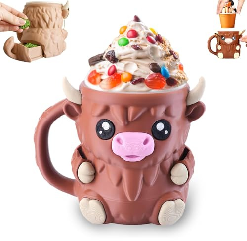 CelestiMingle Highland Cow Ice Cream Pint Holder with Handle & Snack Drawer | 3D Reusable Ice Cream Tub Sleeve with 2 Spoons, Cute Animal Anti-Freeze Cozy Cup for 16oz Pints, Gift for Highland Cow Lovers